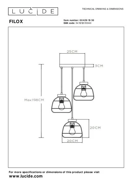 Lucide FILOX - Lámpara colgante - Ø 44,5 cm - 3xE27 - Negro - técnico